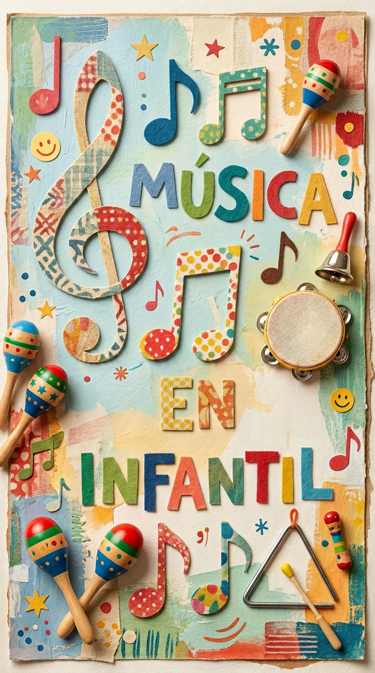 Poster with colorful letters spelling Música Infantil and musical symbols and instruments